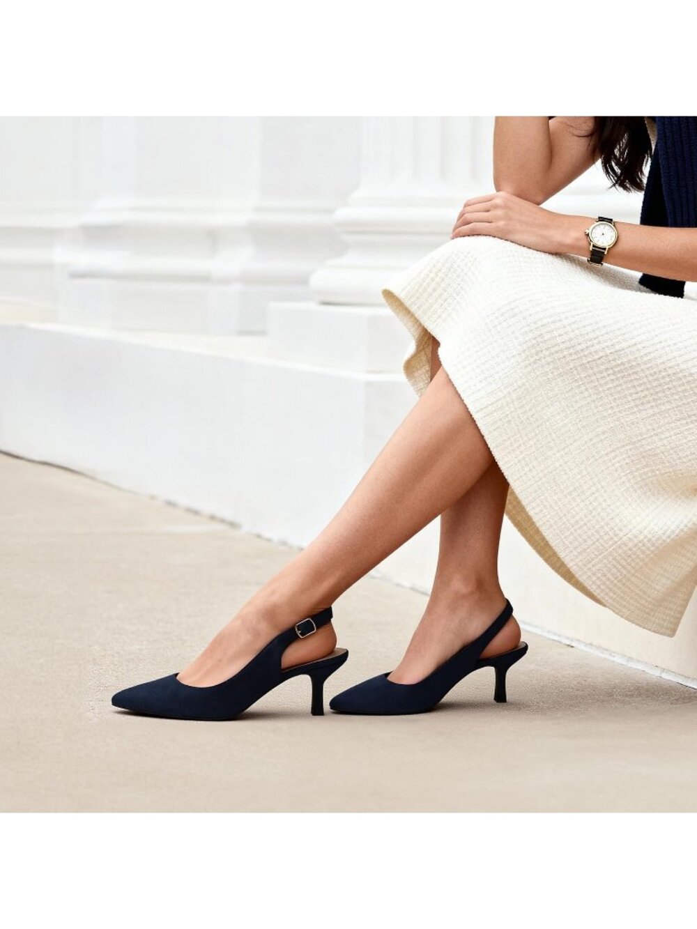 Women's Navy Suede Low Kitten Heel Slingback Pointed Toe Party Shoes - Picture 3 of 5